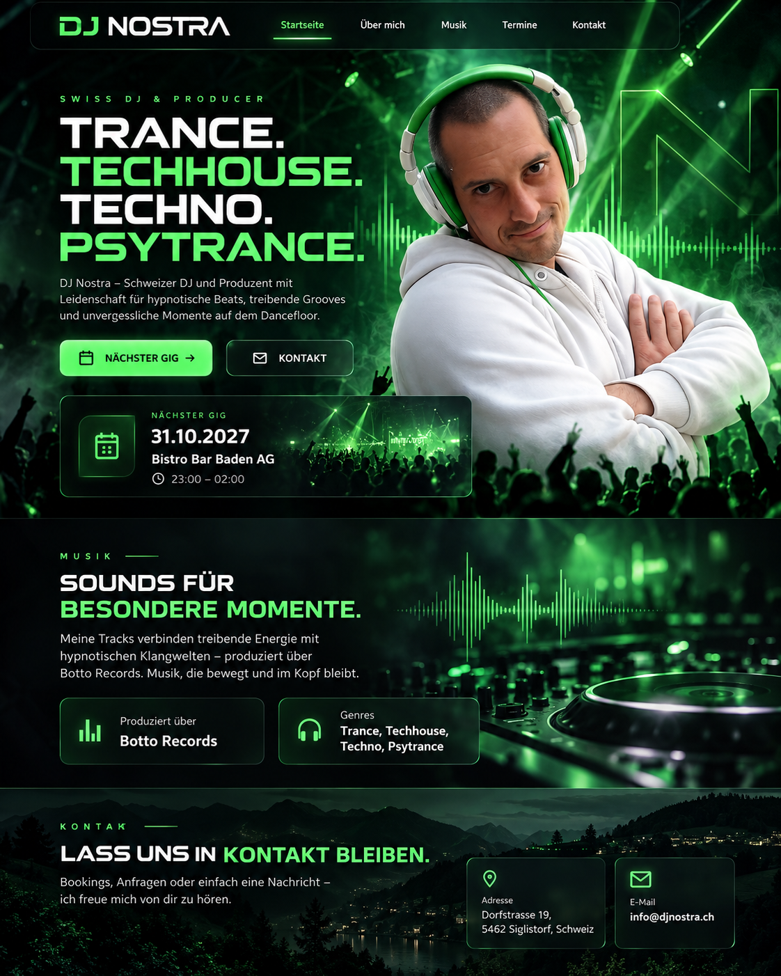 DJ NOSTRA – Trance, Techhouse, Techno und Psytrance. Nächster Gig am 31.10.2027 in der Bistro Bar Baden AG, 23:00 bis 02:00 Uhr. Musik bei Botto Records, Kontakt: info@djnostra.ch.